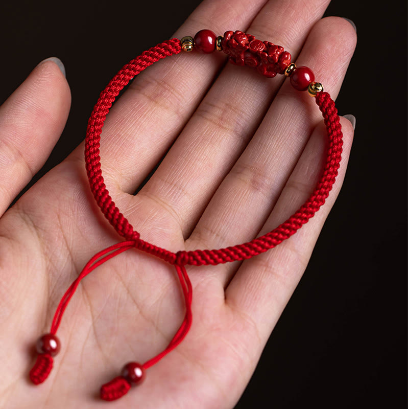 Handmade Cinnabar Ruyi Handle Fu Character PiXiu Blessing Red String Braided Bracelet