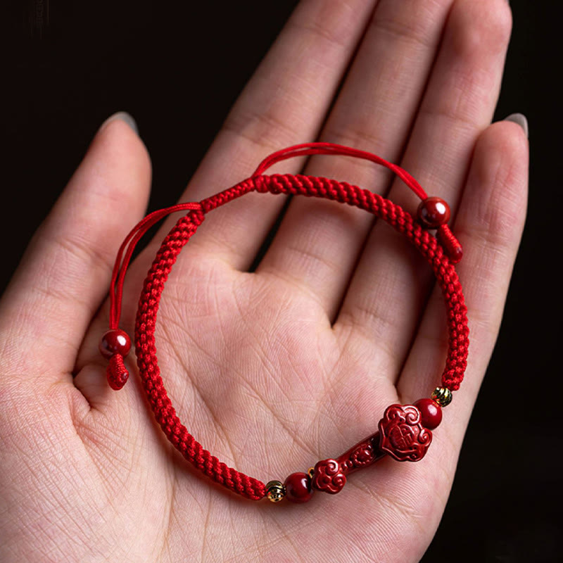 Handmade Cinnabar Ruyi Handle Fu Character PiXiu Blessing Red String Braided Bracelet