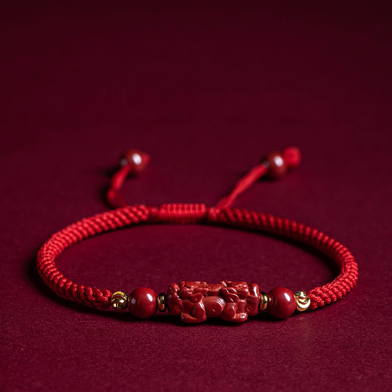 Handmade Cinnabar Ruyi Handle Fu Character PiXiu Blessing Red String Braided Bracelet