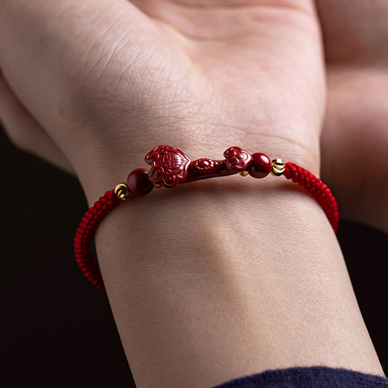Handmade Cinnabar Ruyi Handle Fu Character PiXiu Blessing Red String Braided Bracelet