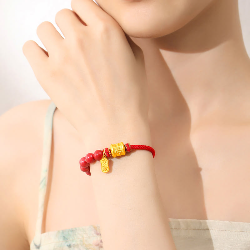 999 Sterling Silver Six True Words Om Mani Padme Hum Cinnabar Blessing String Bracelet