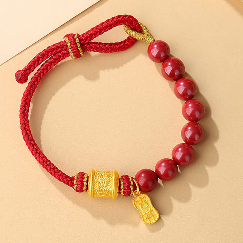 999 Sterling Silver Six True Words Om Mani Padme Hum Cinnabar Blessing String Bracelet