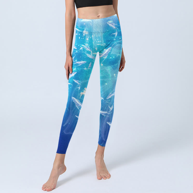 Fish In The Ocean Print Gym Leggings Women's Yoga Pants