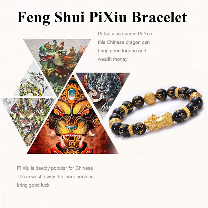 Black Obsidian Black Onyx Alloy PiXiu Om Mani Padme Hum Strength Bracelet