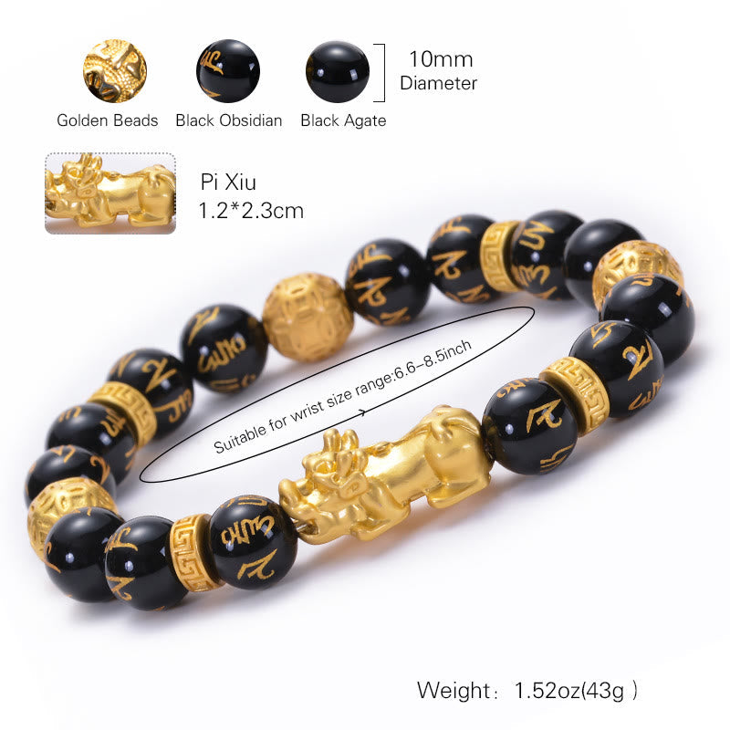Black Obsidian Black Onyx Alloy PiXiu Om Mani Padme Hum Strength Bracelet