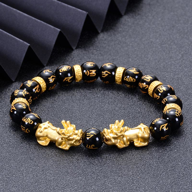 Black Obsidian Black Onyx Golden Alloy Two PiXiu Om Mani Padme Hum Strength Bracelet