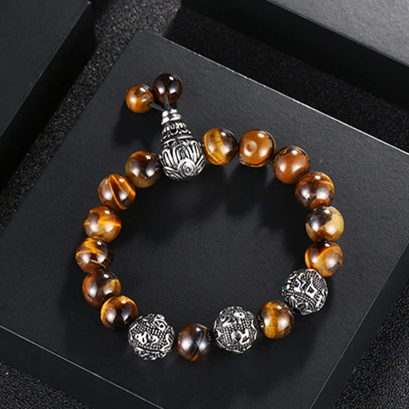 Natural Tiger Eye Lava Rock Black Obsidian Titanium Steel Six-True-Words Om Mani Padme Hum Protection Bracelet