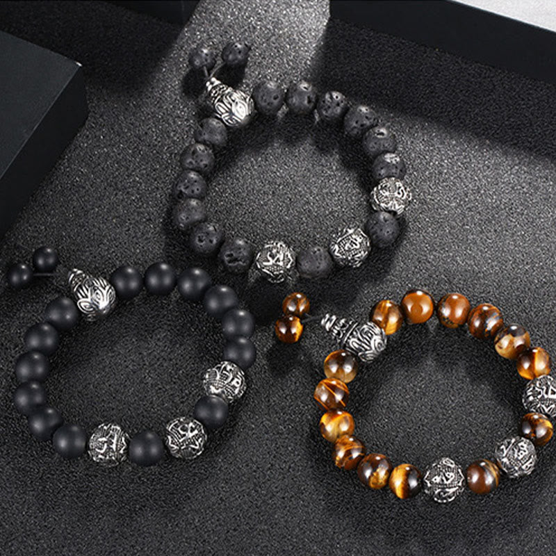 Natural Tiger Eye Lava Rock Black Obsidian Titanium Steel Six-True-Words Om Mani Padme Hum Protection Bracelet
