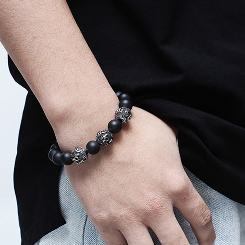 Natural Tiger Eye Lava Rock Black Obsidian Titanium Steel Six-True-Words Om Mani Padme Hum Protection Bracelet