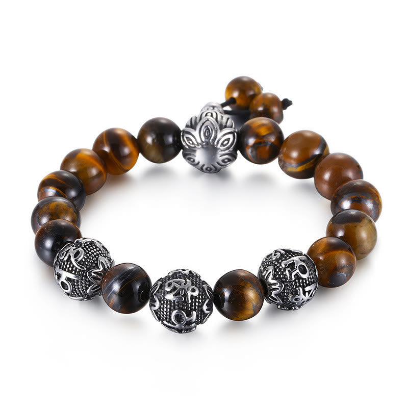 Natural Tiger Eye Lava Rock Black Obsidian Titanium Steel Six-True-Words Om Mani Padme Hum Protection Bracelet