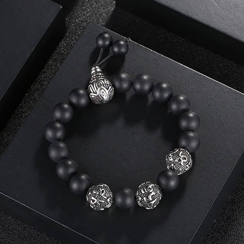 Natural Tiger Eye Lava Rock Black Obsidian Titanium Steel Six-True-Words Om Mani Padme Hum Protection Bracelet