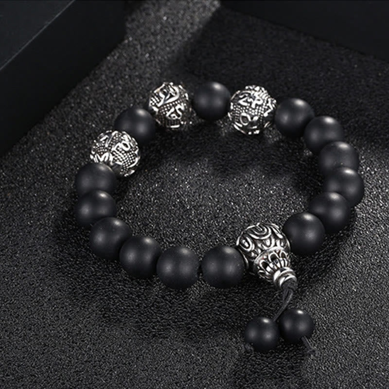 Natural Tiger Eye Lava Rock Black Obsidian Titanium Steel Six-True-Words Om Mani Padme Hum Protection Bracelet