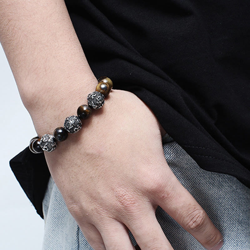 Natural Tiger Eye Lava Rock Black Obsidian Titanium Steel Six-True-Words Om Mani Padme Hum Protection Bracelet