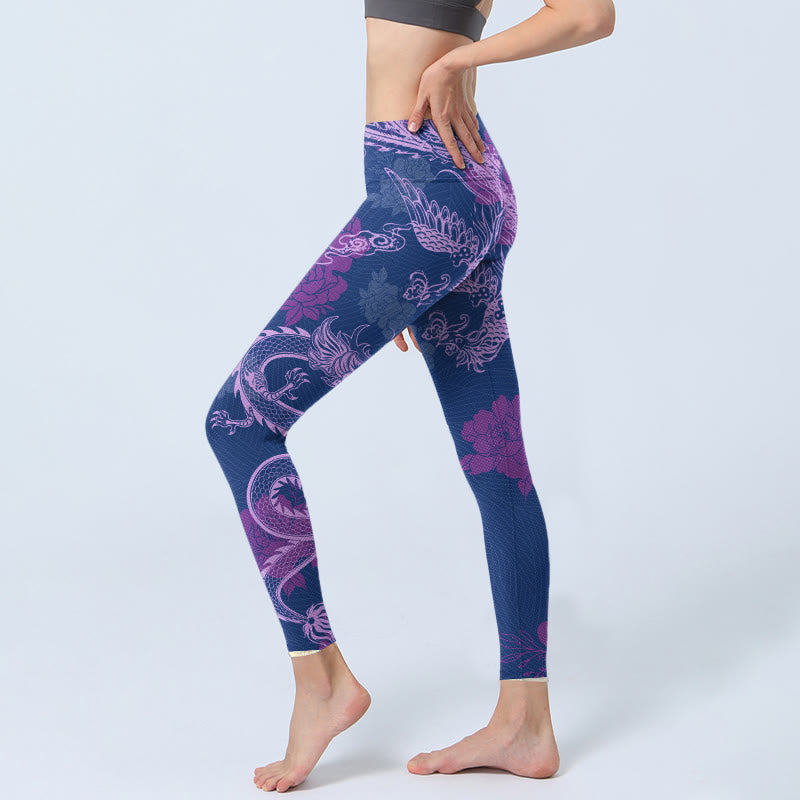 Purple Dragon Phoenix Flowers Print Gym Leggings Women's Yoga Pants