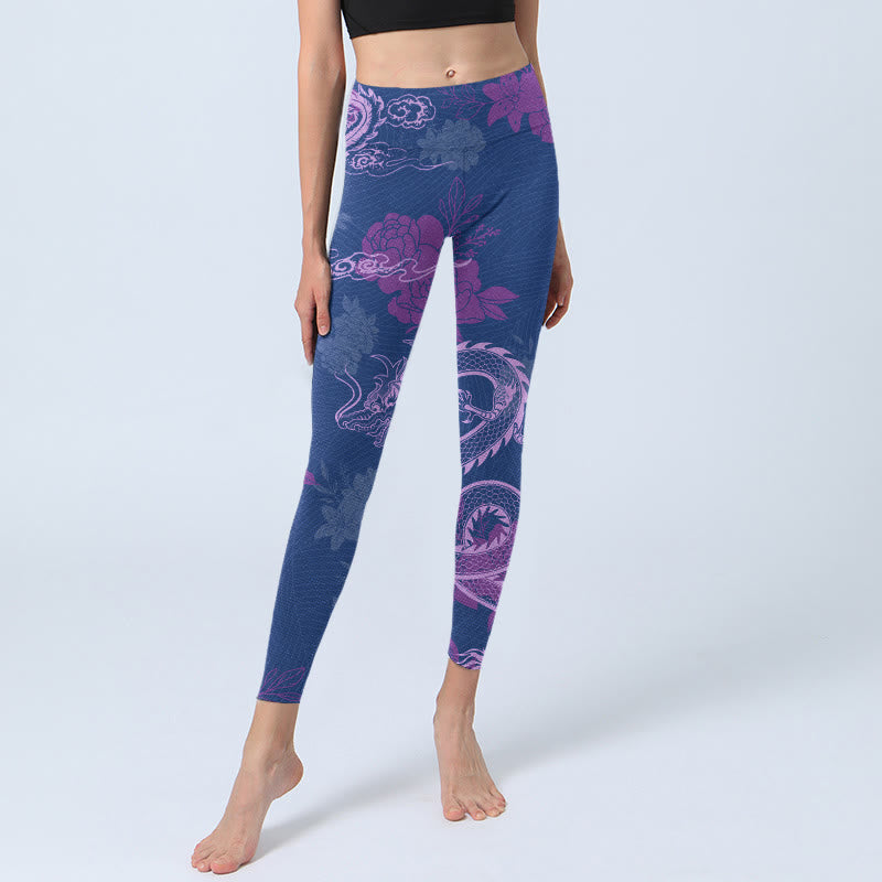 Purple Dragon Phoenix Flowers Print Gym Leggings Women's Yoga Pants