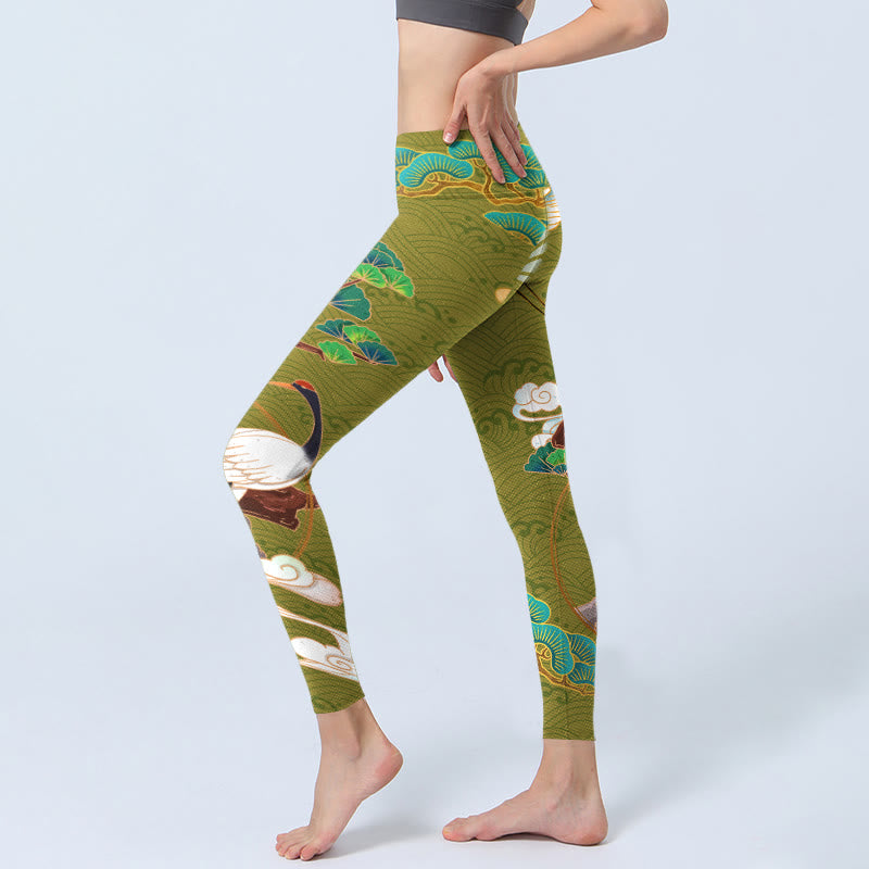 Flying Cranes Auspicious Clouds Trees Print Gym Leggings Women's Yoga Pants