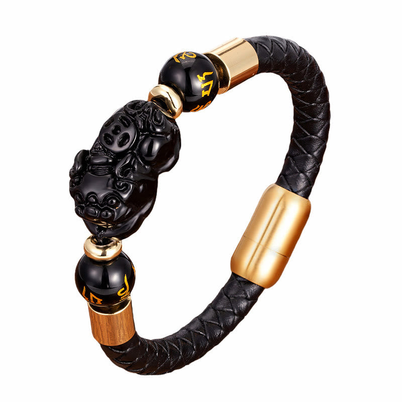 Tiger Eye Black Onyx Red Agate PiXiu Copper Coin Om Mani Padme Hum Strength Leather Bracelet