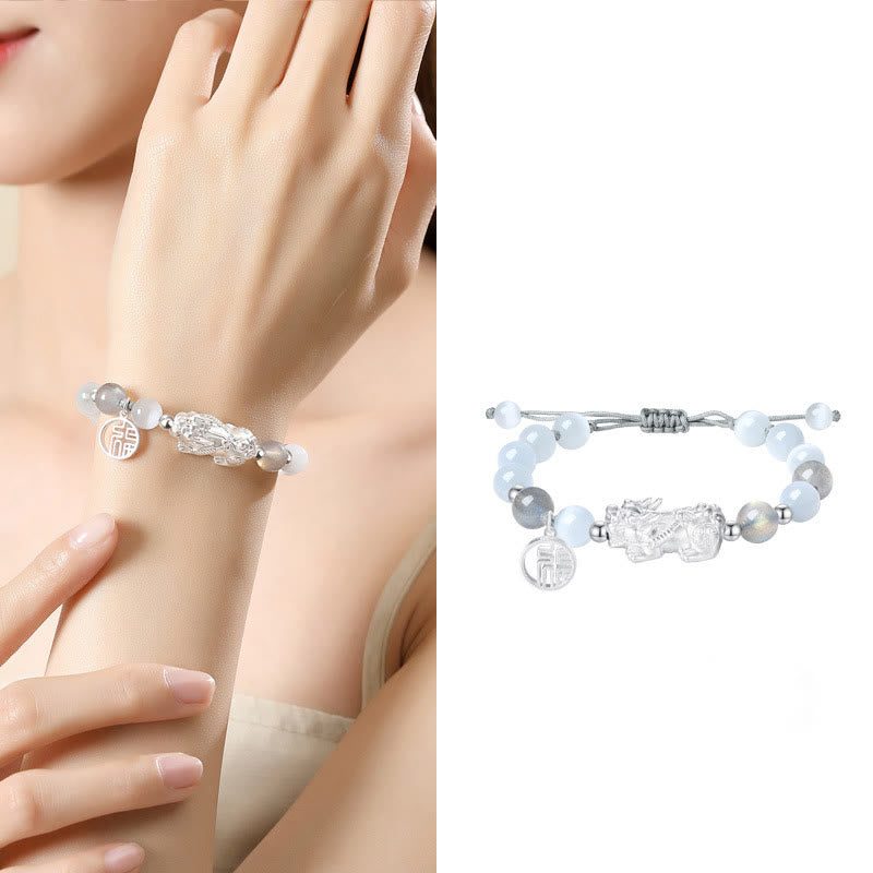 Pi Xiu Six True Words 999 Sterling Silver Black Obsidian White Turquoise Chrysoberyl Luck Bracelet
