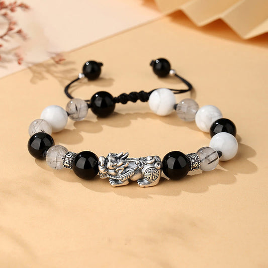 Pi Xiu Six True Words 999 Sterling Silver Black Obsidian White Turquoise Chrysoberyl Luck Bracelet