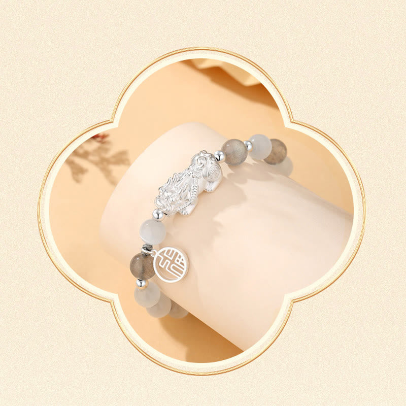 Pi Xiu Six True Words 999 Sterling Silver Black Obsidian White Turquoise Chrysoberyl Luck Bracelet