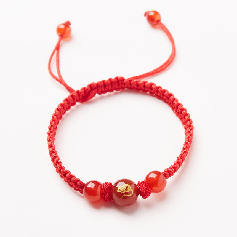 Natural Red Agate Chinese Zodiac Red String Braided Protection Luck Bracelet