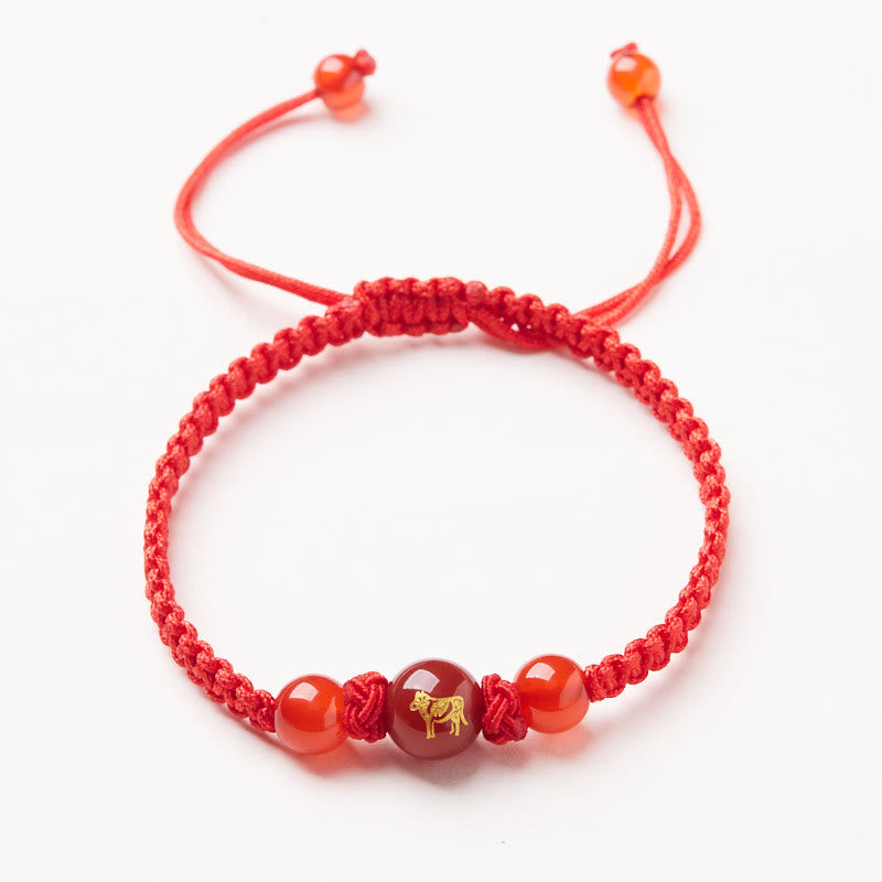 Natural Red Agate Chinese Zodiac Red String Braided Protection Luck Bracelet
