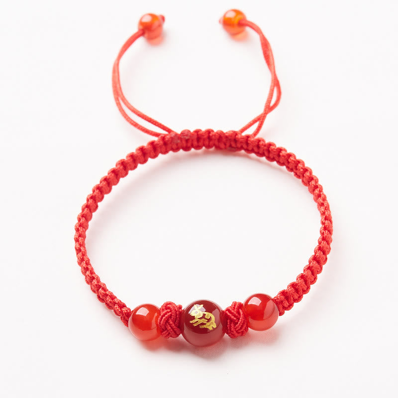 Natural Red Agate Chinese Zodiac Red String Braided Protection Luck Bracelet