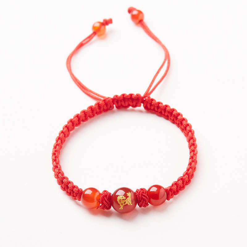 Natural Red Agate Chinese Zodiac Red String Braided Protection Luck Bracelet