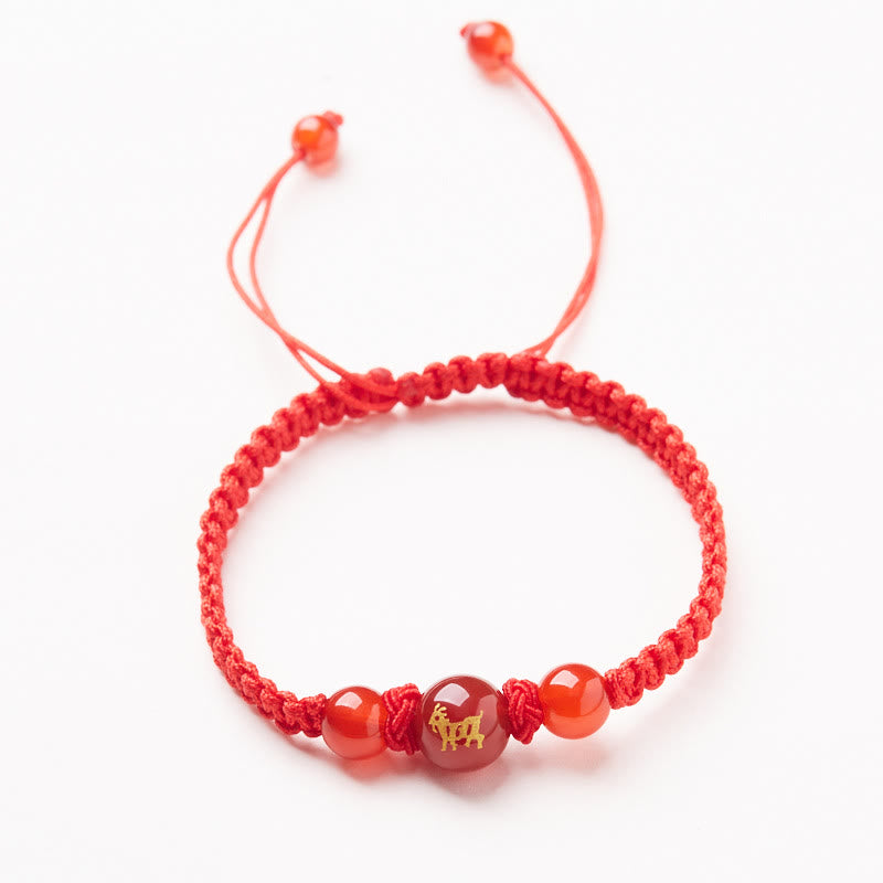 Natural Red Agate Chinese Zodiac Red String Braided Protection Luck Bracelet