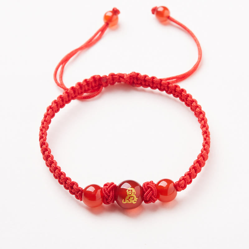 Natural Red Agate Chinese Zodiac Red String Braided Protection Luck Bracelet