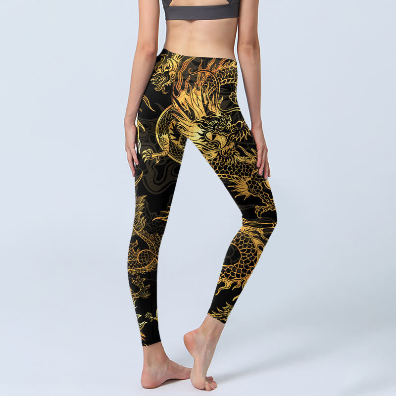 Golden Dragon Print Gym Leggings Women's Yoga Pants