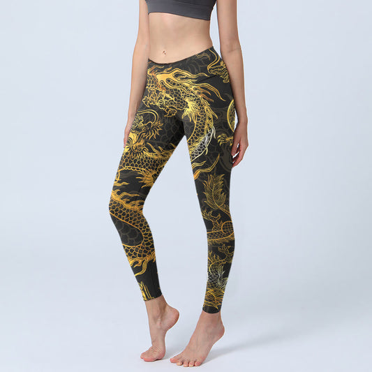 Golden Dragon Print Gym Leggings Women's Yoga Pants