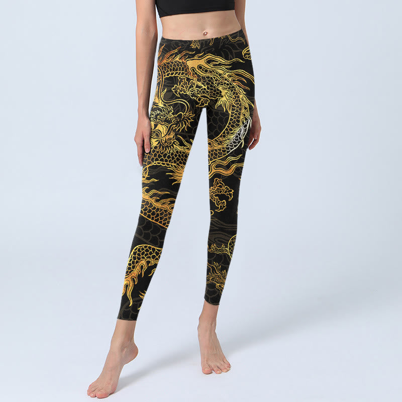 Golden Dragon Print Gym Leggings Women's Yoga Pants