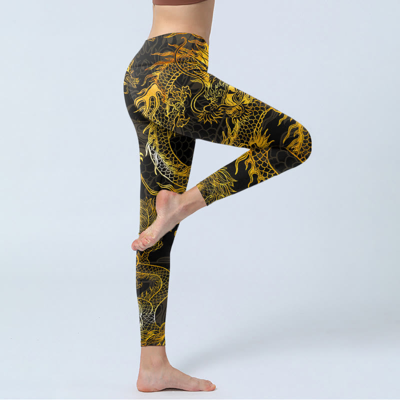 Golden Dragon Print Gym Leggings Women's Yoga Pants