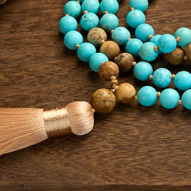 108 Mala Beads Turquoise Picture Jasper Bead Tassel Balance Bracelet