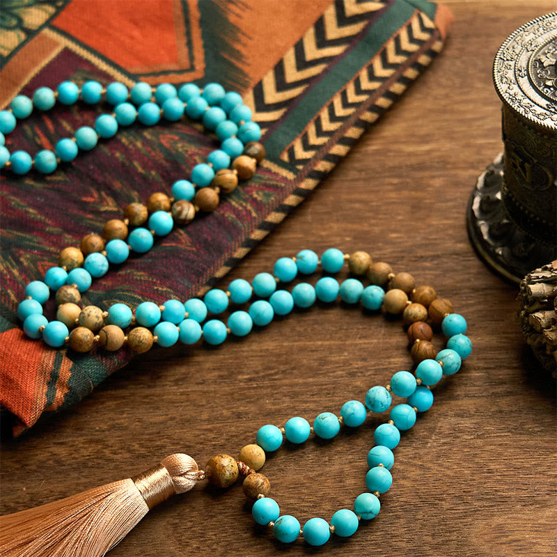 108 Mala Beads Turquoise Picture Jasper Bead Tassel Balance Bracelet