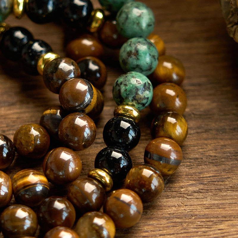 108 Mala Natural Stone Tiger Eye Turquoise Beads Tassel Protection Bracelet