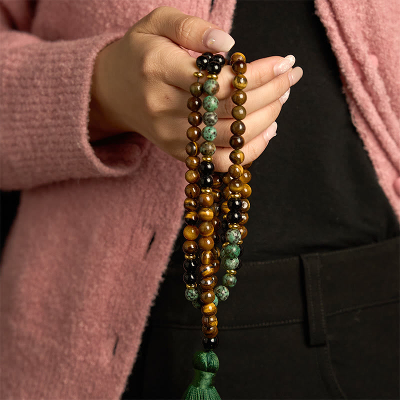 108 Mala Natural Stone Tiger Eye Turquoise Beads Tassel Protection Bracelet