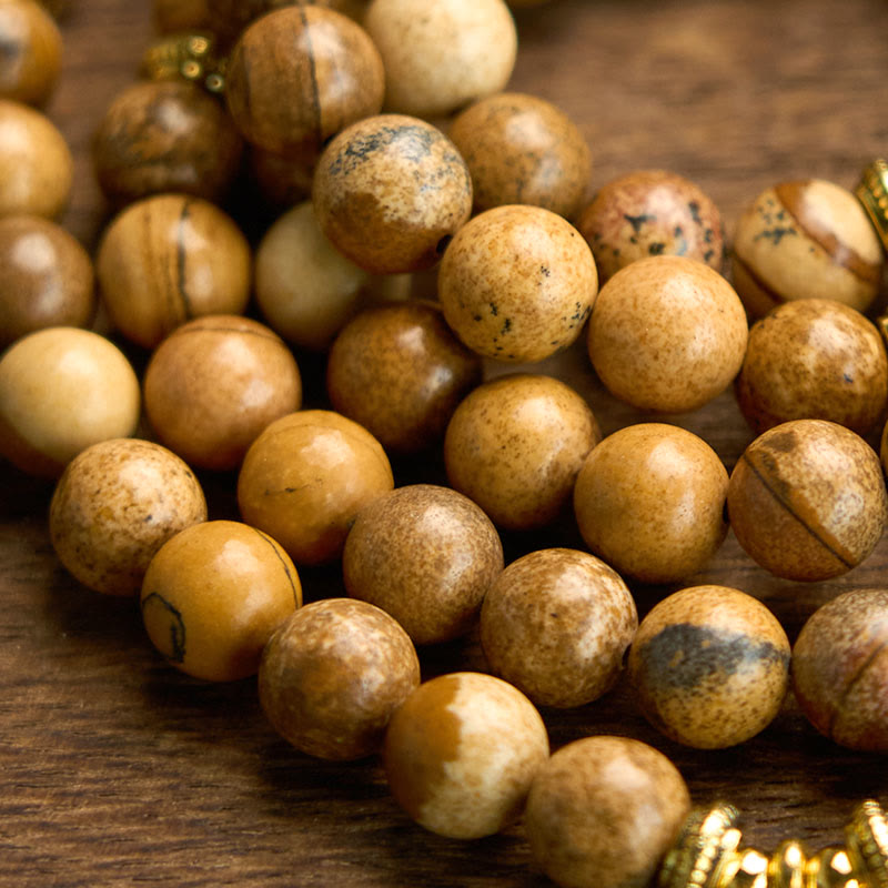 108 Beads Picture Jasper Mala Lotus Courage Bracelet