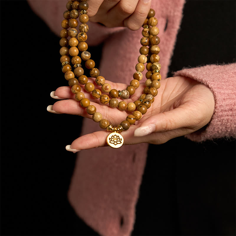 108 Beads Picture Jasper Mala Lotus Courage Bracelet