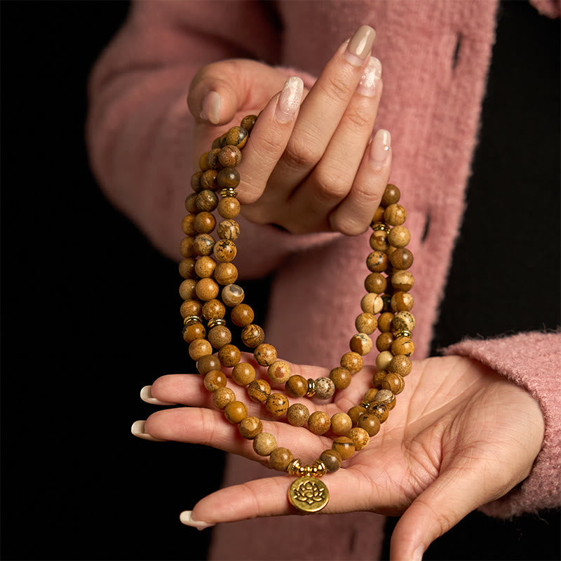 108 Beads Picture Jasper Mala Lotus Courage Bracelet