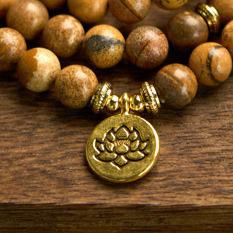 108 Beads Picture Jasper Mala Lotus Courage Bracelet