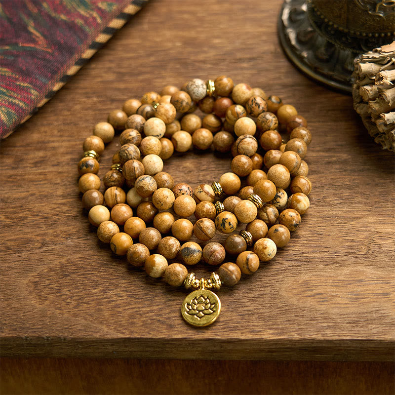 108 Beads Picture Jasper Mala Lotus Courage Bracelet