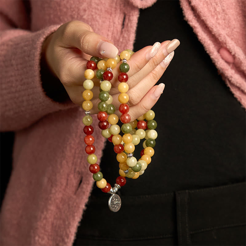 108 Mala Beads Natural Colored Stone Topaz Red Jasper Green Jasper Lotus Protection Bracelet