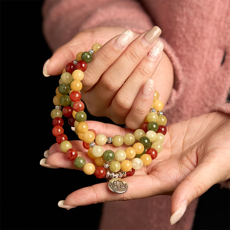 108 Mala Beads Natural Colored Stone Topaz Red Jasper Green Jasper Lotus Protection Bracelet