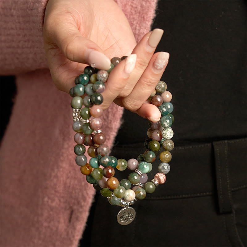 108 Mala Beads Natural Stone Indian Agate Lotus Calm Bracelet
