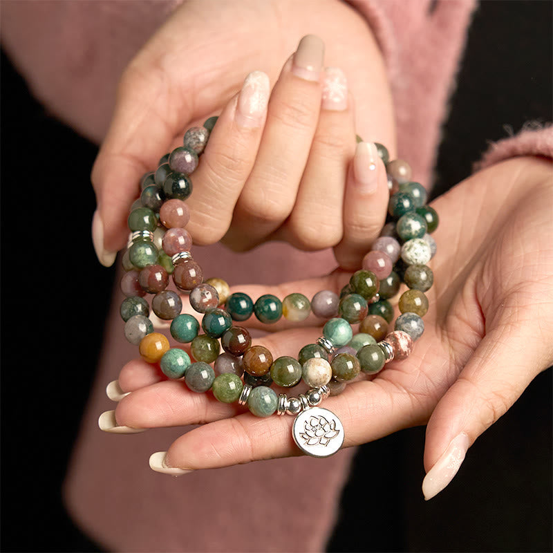 108 Mala Beads Natural Stone Indian Agate Lotus Calm Bracelet
