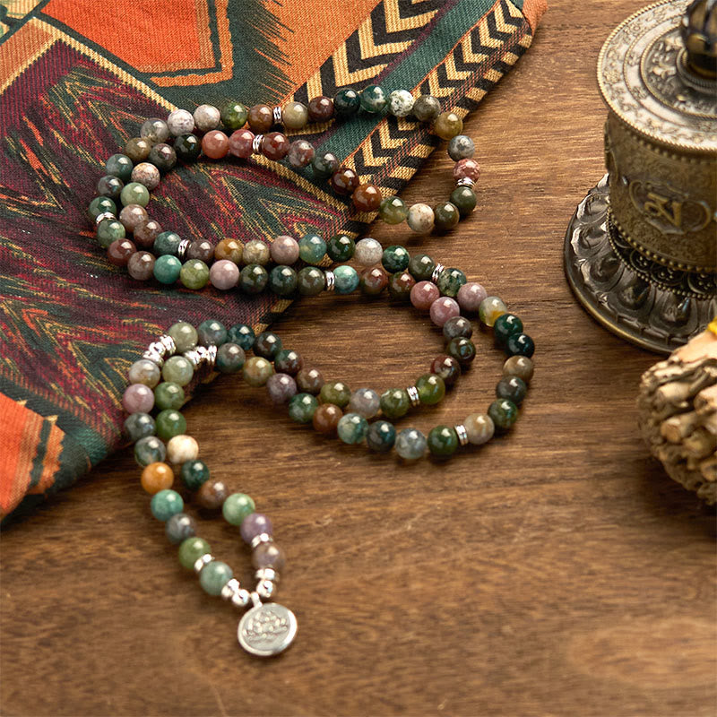 108 Mala Beads Natural Stone Indian Agate Lotus Calm Bracelet