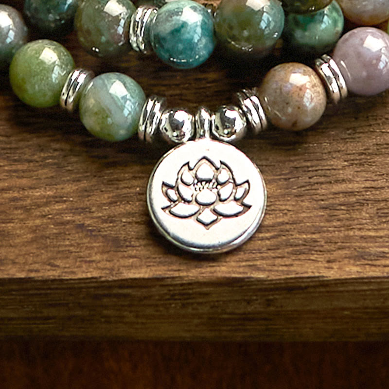 108 Mala Beads Natural Stone Indian Agate Lotus Calm Bracelet
