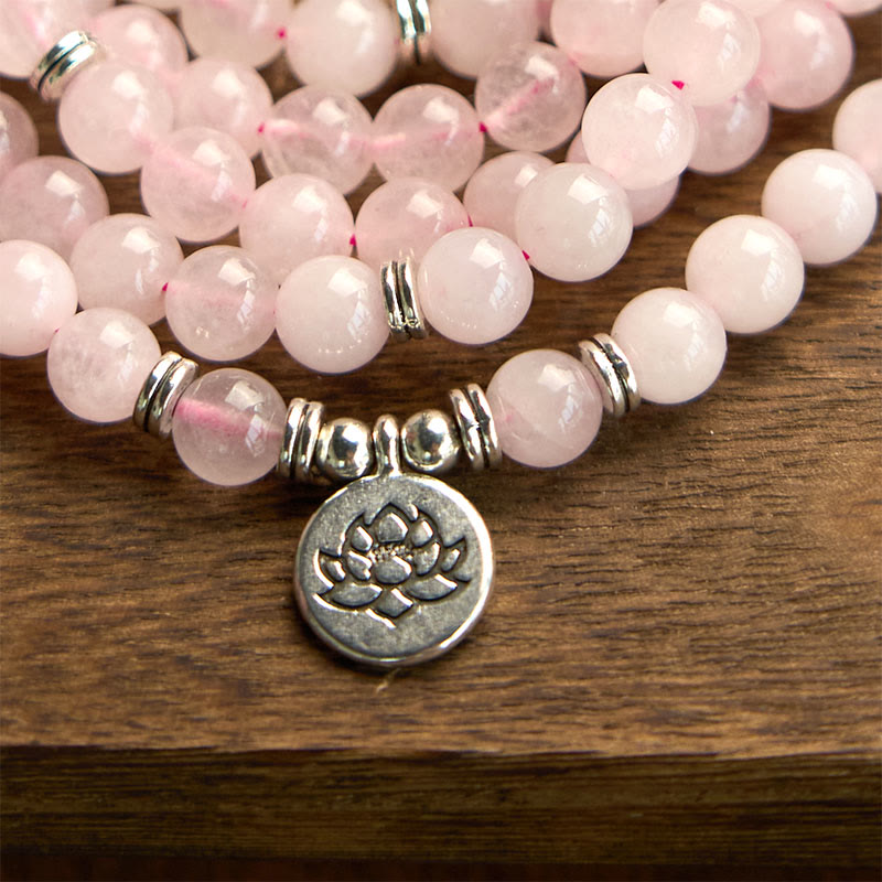 108 Mala Beads Natural Stone Rose Quartz Lotus Peace Bracelet